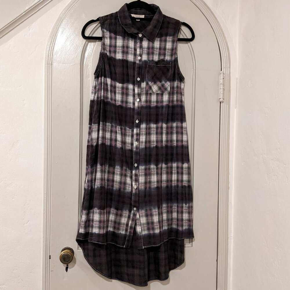Oddy 90s Style Hi-Low Red & Black Plaid Shirt Dress, Sz. S / M
